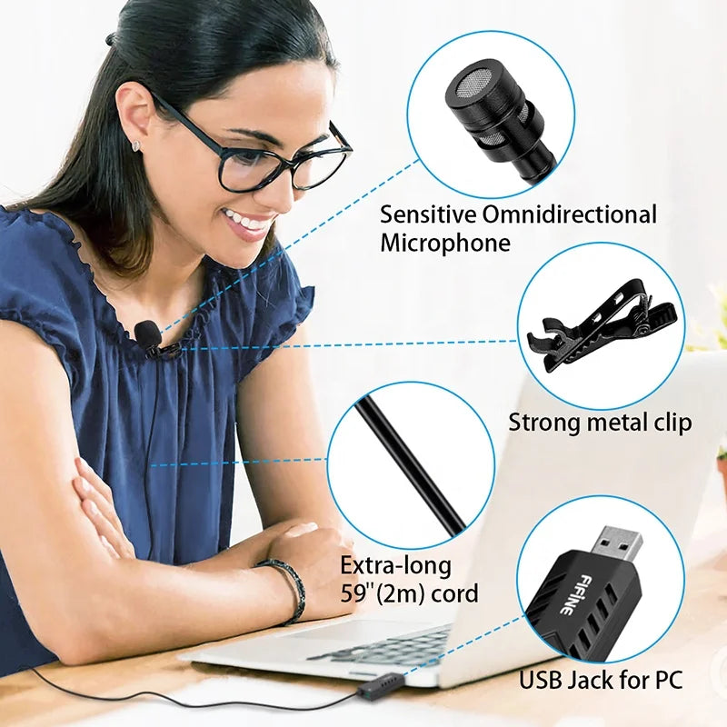Fifine Mini USB Lapel Mic for Online Teaching Recording Clip-on Cardioid Condenser Lavalier Microphone for PC Laptop K053