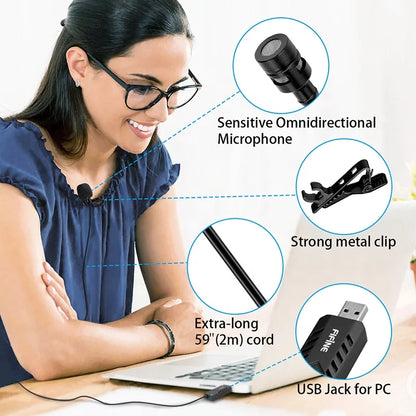 Fifine Mini USB Lapel Mic for Online Teaching Recording Clip-on Cardioid Condenser Lavalier Microphone for PC Laptop K053