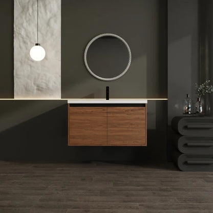 36 Inch Oak Floating Bathroom Vanity Engineered Wood Resin Integrated Sink 2 Doors US Stock Homein