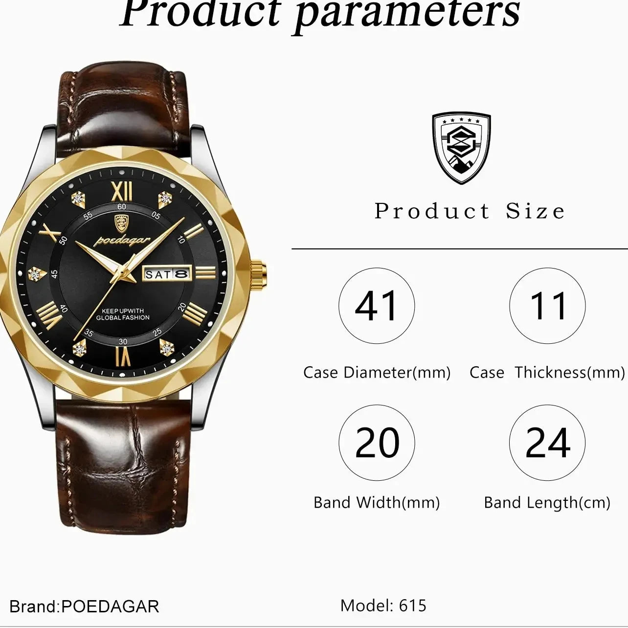 POEDAGAR Watches for Men Classic Luxury Week Display Sports Quartz Watch Mens Waterproof Leather Band Date Wristwatches Male