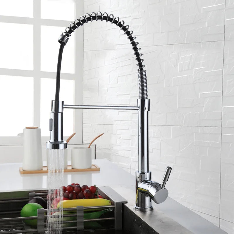 Kitchen Faucets Commercial Solid Brass Single Handle Single Lever Pull Down Sprayer Spring Matte Black Kitchen Sink Faucet Tap