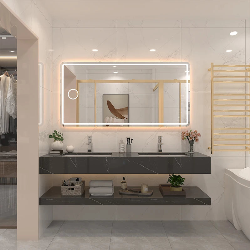 Stainless Steel Bathroom Vanities With LED Light Touch Screen LED Mirror Fashionable Rock Board LED Mirror Cabinets