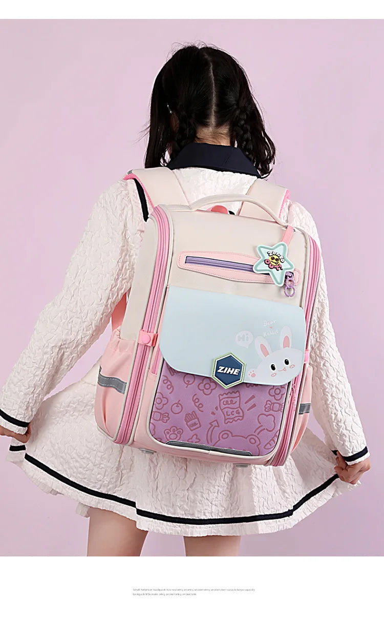 Ultra-Light Female Student Backpack Waterproof Fashion 1-4-6 Grade Contrast Color Ridge Protection Burden Reduction for Primary