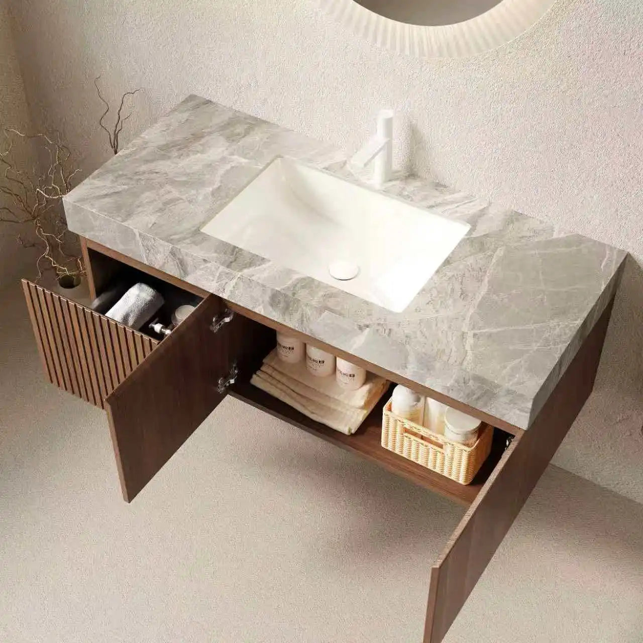 48 Inch Brown Oak Fluted Floating Bathroom Vanity Plywood Sintered Stone Ceramic Basin Free Shipping USA Homein