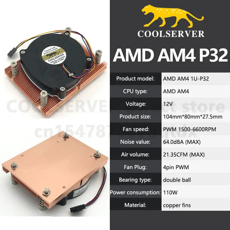 COOLSERVER P32 1U Cpu Server Cooler with 4PIN PWM Fans Quiet 12v 160w Turbo Radiator for AMD AM4 CPU Cooling System CPU Cooling