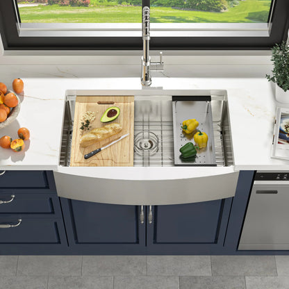 US Warehouse 16 Gauge Stainless Steel Single Bowl with Cutting Board 33*21 Inches Apron Front Workstation Kitchen Sink