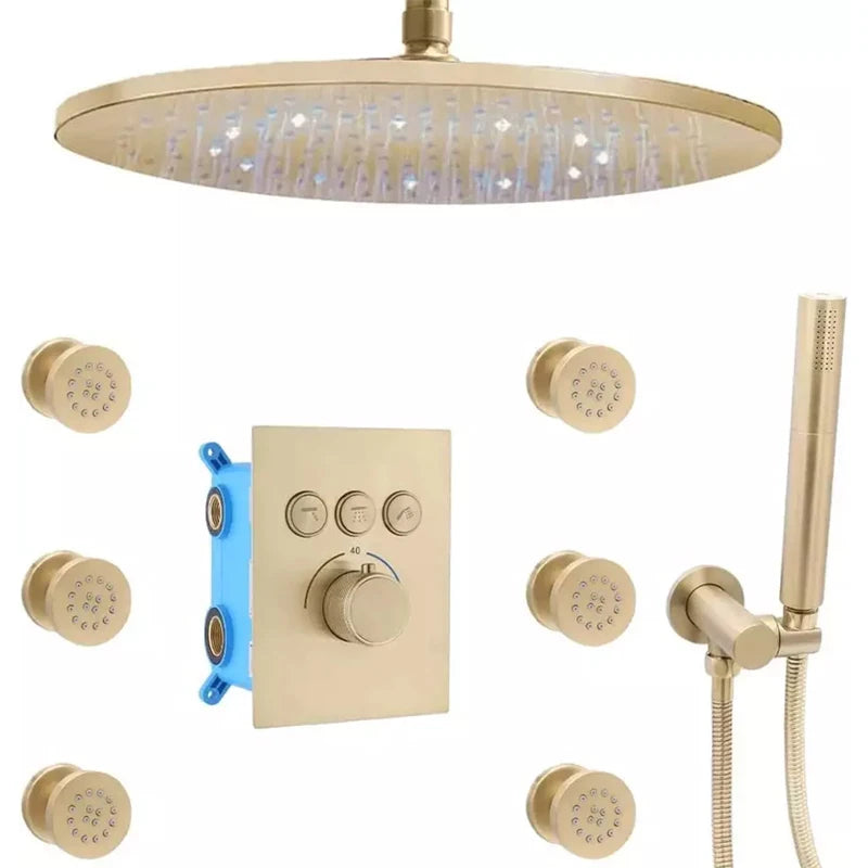 12-Inch Brushed Chrome LED Rain Shower Head System Thermostatic Mixer Single Handle Contemporary Brass Design Hotels Massage Jet