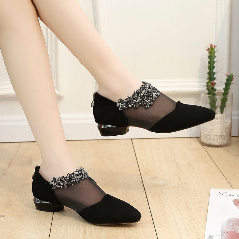 Women 2025 Summer Fashion Black Lace Rhinestone Sandals Flowers Low Heel Sandals Mesh Plus Size Sandalias Mujer Casual Shoes