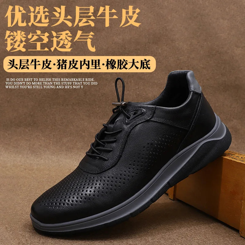 Men's Breathable Genuine Leather Walking Shoes Round Toe Lace-up Rubber Outsole Mesh Lining Summer Casual Shoes