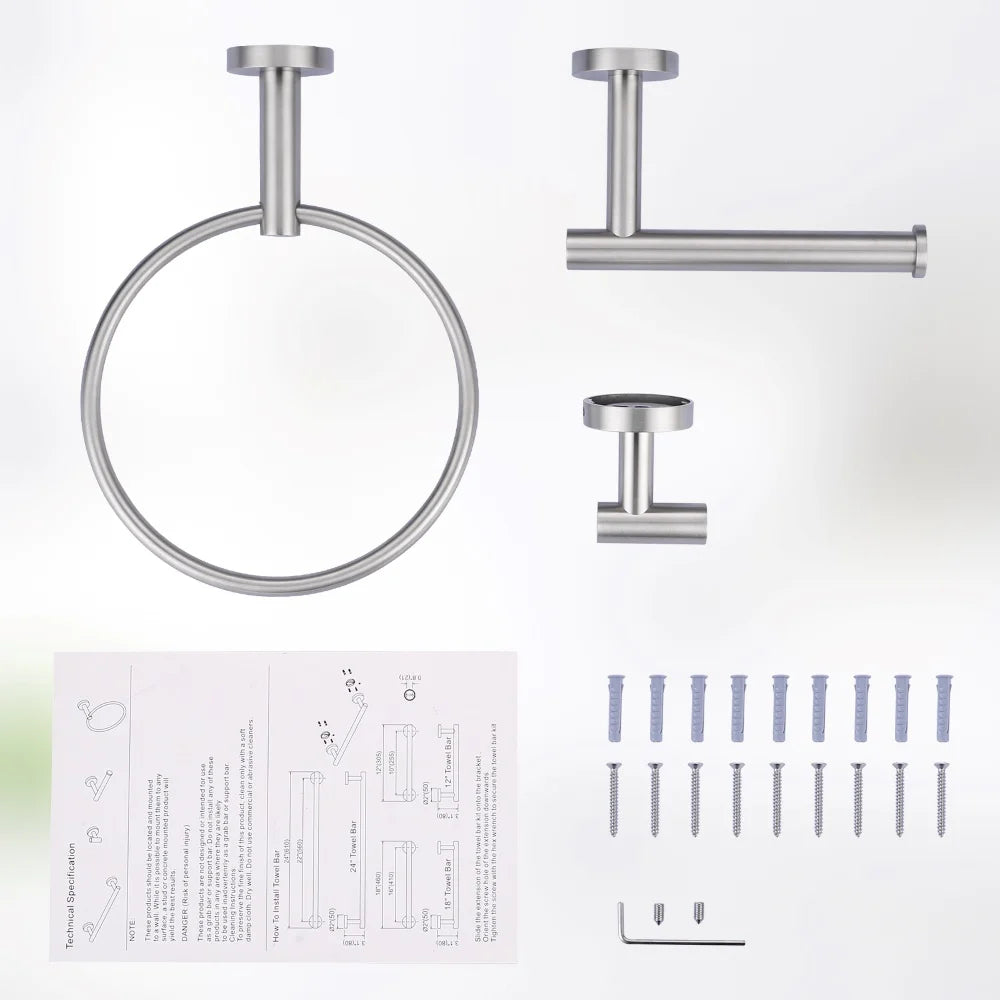 3 Pieces Brushed Nickel Bathroom Hardware Set Towel Ring Toilet Paper Holder Towel Hook, Wall Mounted Bathroom Accessories Set