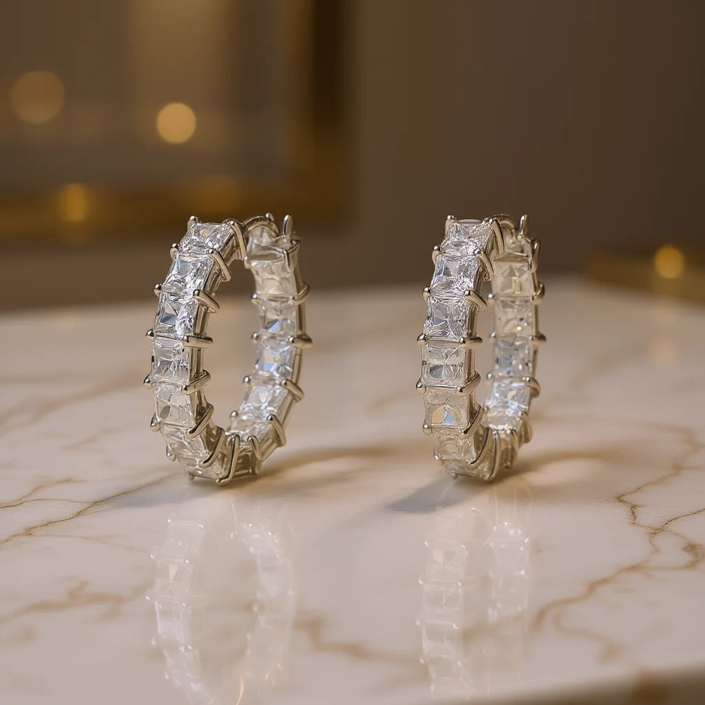 Luxury White Gold Geometric Hoop Earrings Baguette Cut Diamonds Channel Setting Inlay Technology for Women Everyday Wear Fine