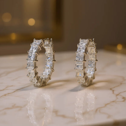 Luxury White Gold Geometric Hoop Earrings Baguette Cut Diamonds Channel Setting Inlay Technology for Women Everyday Wear Fine