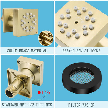 6-Piece 2-Function Square Rainfall Shower Set Brushed Brass Finish Wall-Mounted Contemporary Design High Pressure Thermostatic