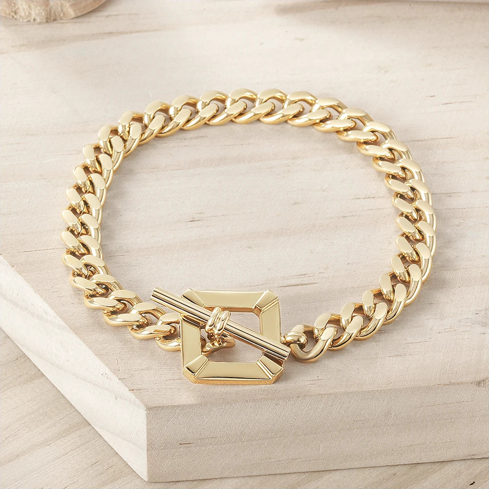 OT Buckle Square Toggle Clasp Cuban Link Chain Gold Plated Stainless Steel Bracelet for Women
