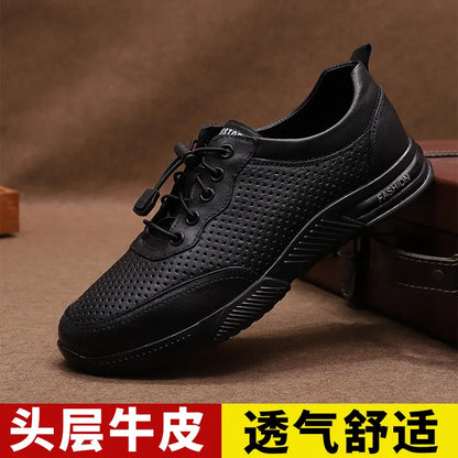 Genuine Leather Lace-up Men's Boat Shoes Round Toe Breathable Solid Summer Casual Rubber Outsole EVA Midsole Shoe Tongue Logo