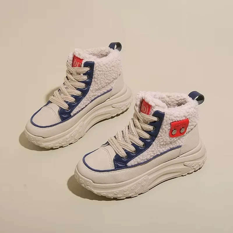 Winter Velvet High Top Shoes for Women Versatile Thickened Warm Cotton Shoes Thick Soled Height Increasing and Leisure Shoes