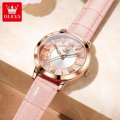 OLEVS 5539 Elegant Fashion Women's Watches Flowing Sand Ice Crystal Dial Quartz Watch Waterproof Leather Strap Lady Wristwatch