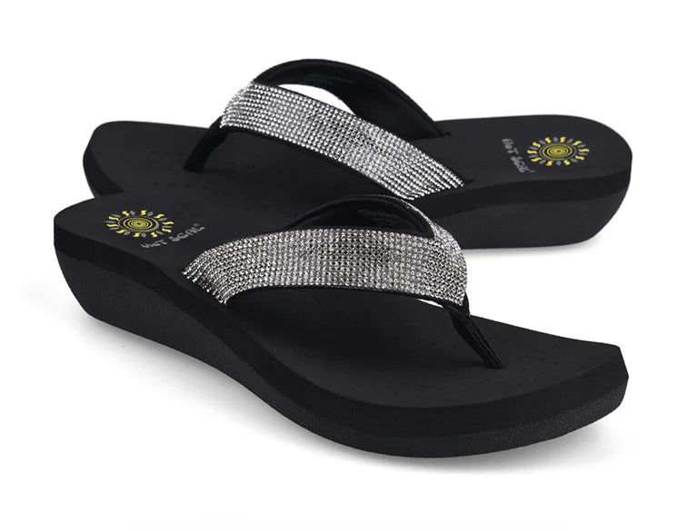 Best Selling Womens Slides Quality Rhinestone Slope Heel Flip-flops Non-slip Elastic Insoles Korean Fashion Summer Sandals