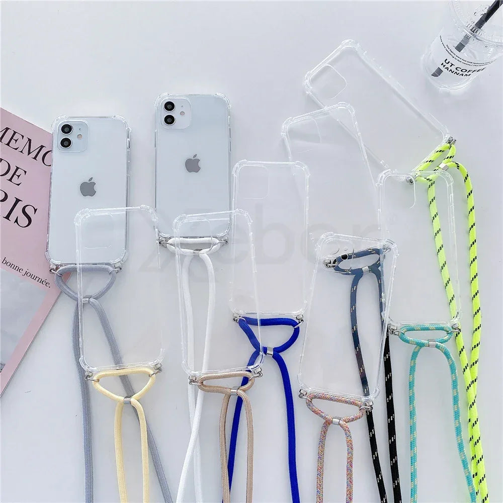 Necklace Lanyard Strap Chain Phone Case For iPhone 16 15 14 13 Pro Max 12 11 XS X XR Mini 7 8 Plus Transparent Soft Rope Cover