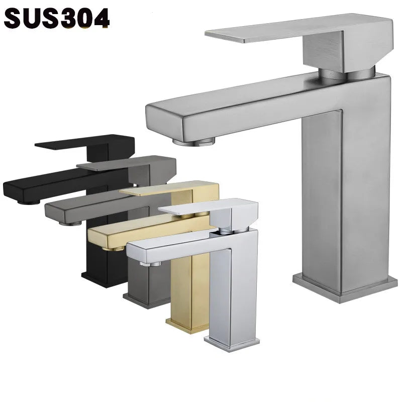 304 Stainless Steel Single Hole Basin Faucets with Ceramic Valve Core Modern Square Design Wall-mounted Bathroom Mixer Taps