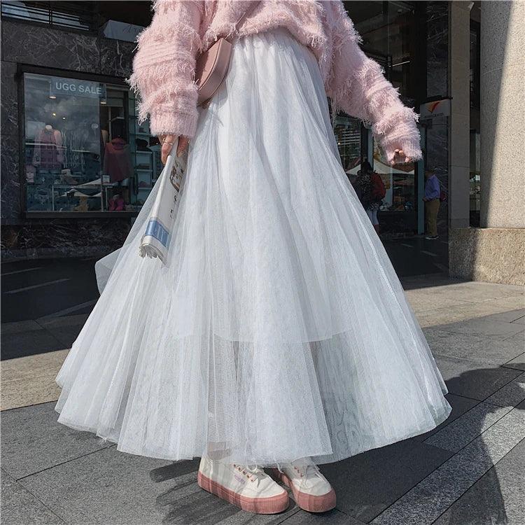 TingYiLi Elegant Tulle Skirt Autumn Winter Big Swing Women Skirt Korean Cute Pink Green Gray Blue Brown Black Long Skirt Tutu