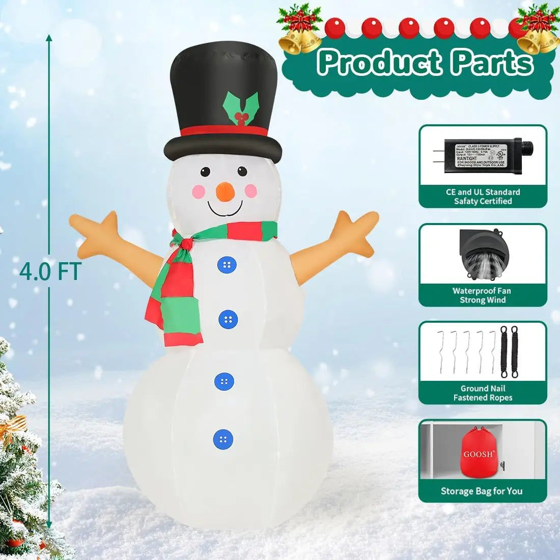 GOOSH 4 FT Christmas Inflatables Snowman Outdoor Decorations LED Lights Built-In Xmas Yard & Indoor Garden Lawn Décor for Party