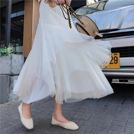 TingYiLi Elegant Tulle Skirt Autumn Winter Big Swing Women Skirt Korean Cute Pink Green Gray Blue Brown Black Long Skirt Tutu