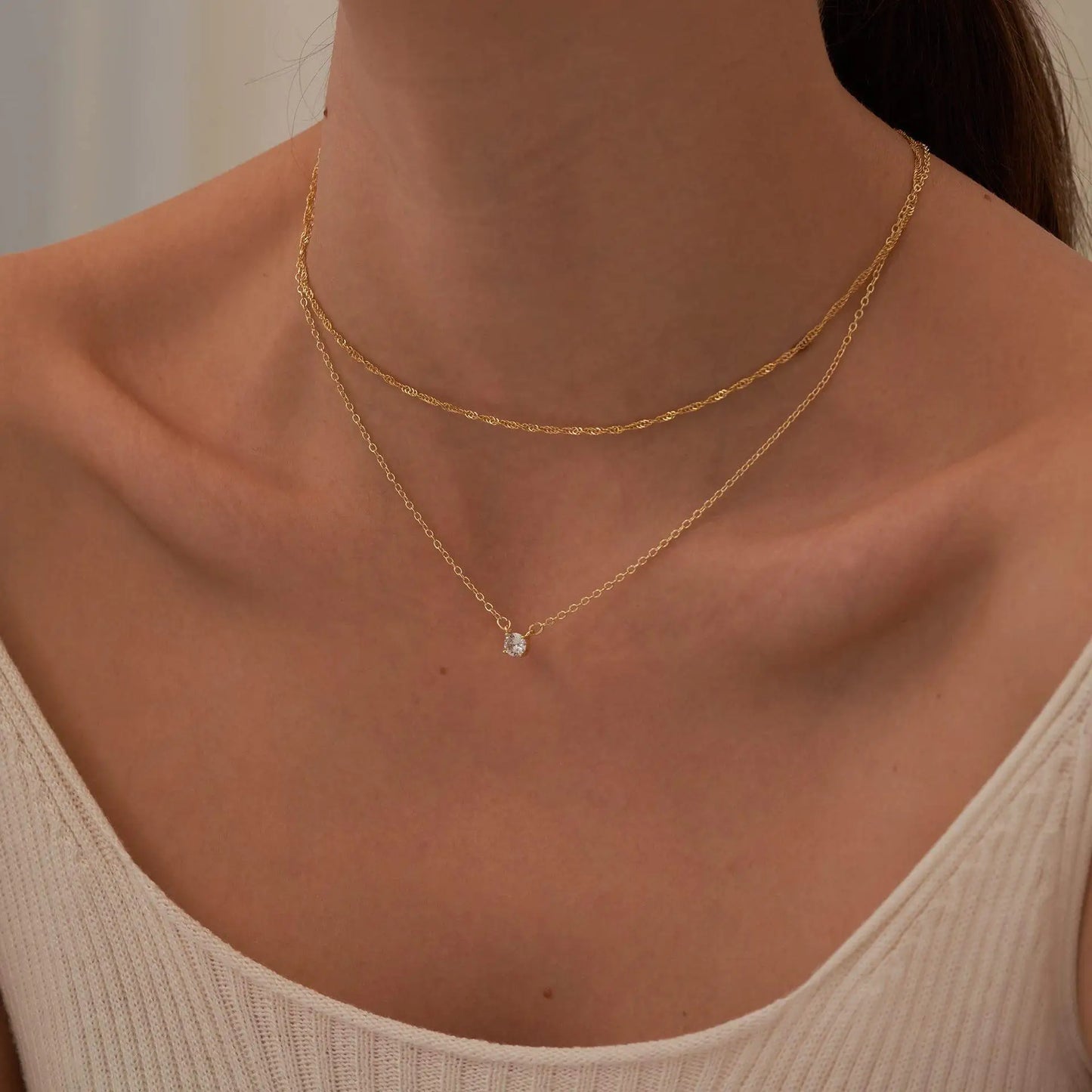Simple Hypoallergenic Women's Necklace Stainless Steel Wave Cross Chain 14K Gold Plated Double Layer CZ Zircon Necklace