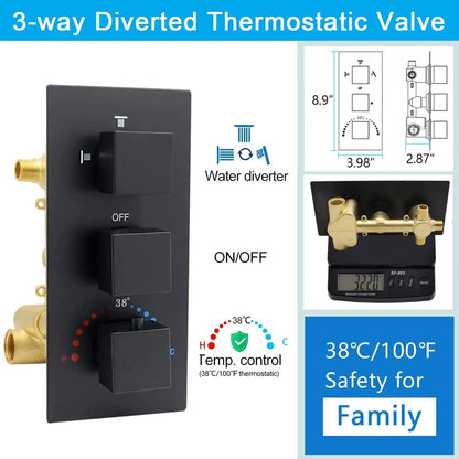 Luxury Matte Black Thermostatic Shower System Set, 12" Rainfall Shower Head with 4 Body Jets and Handheld Spray