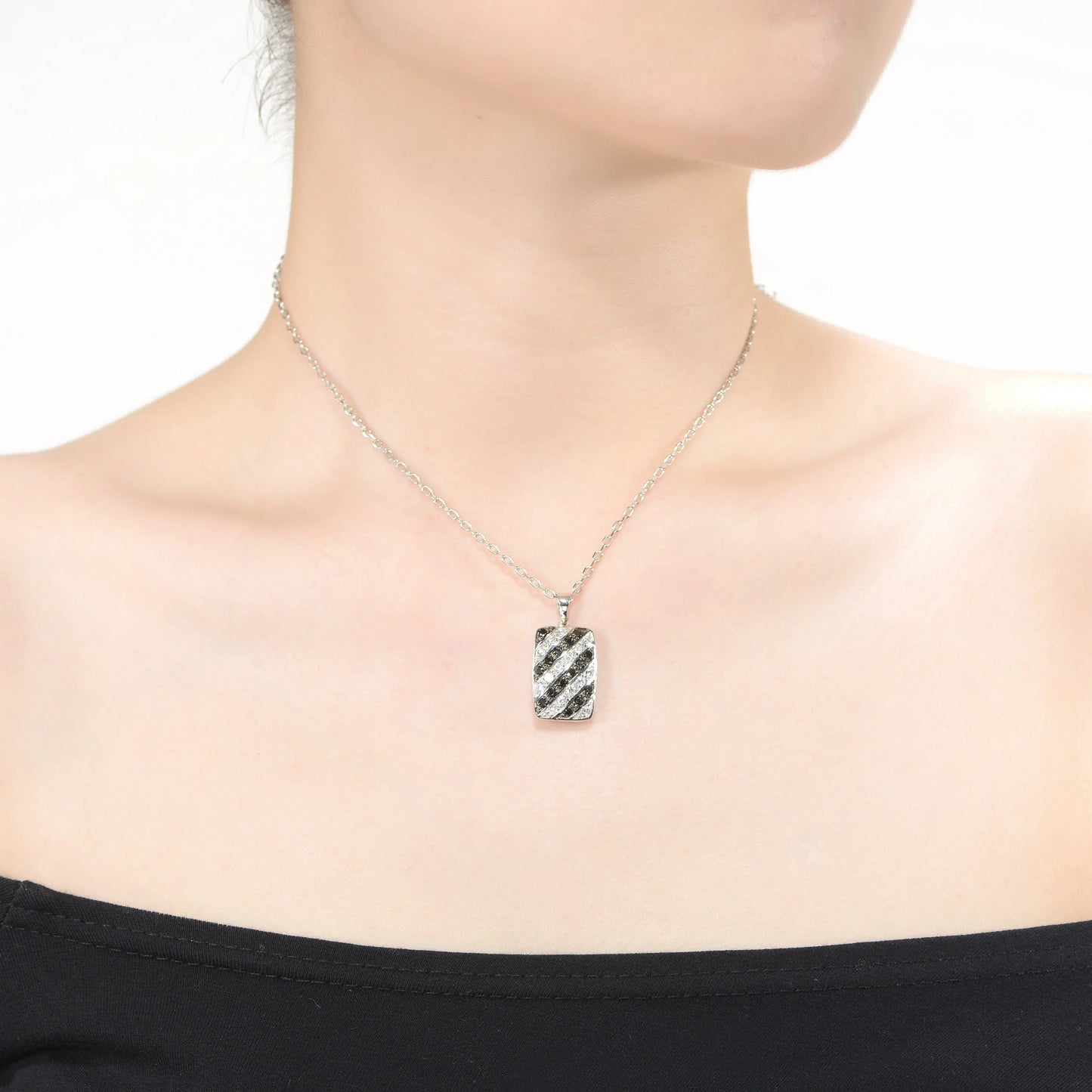 TD Collette Z Sterling Silver with Rhodium Clear Black Cubic Zirconia Stripe Rectangular Pendant Necklace Fashion Accessory