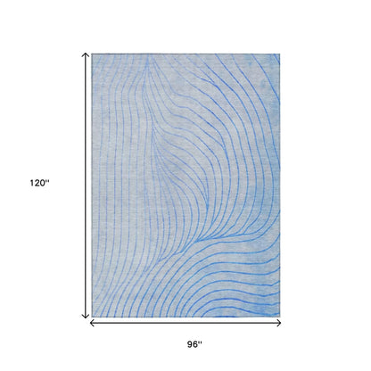 HMS 8' X 10' Abstract Indoor Outdoor Area Rug Blue and Silver Washable Carpet