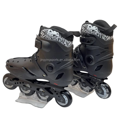 Jing Stock Urban Freestyle Slalom Black White 4 Wheels Hard Boot Roller Inline Skate for Adult