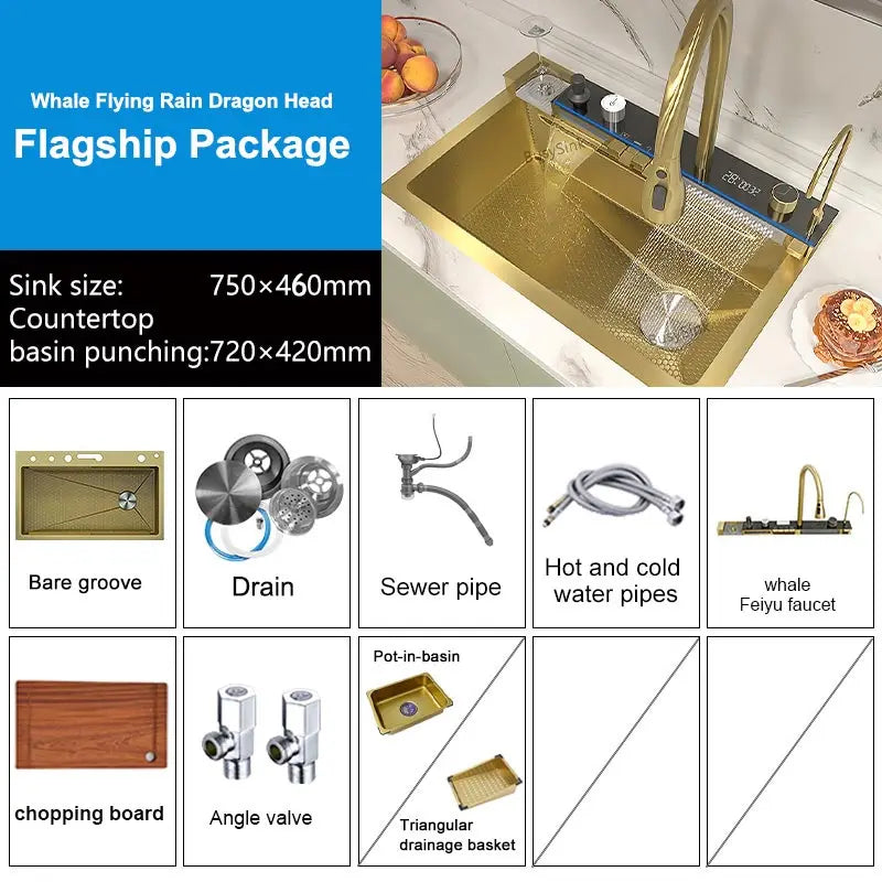 Multifunctional Stainless Steel Kitchen Sink Digital Display Faucet Stain Scratch Resistant Large Single Slot Wash Dish Basin