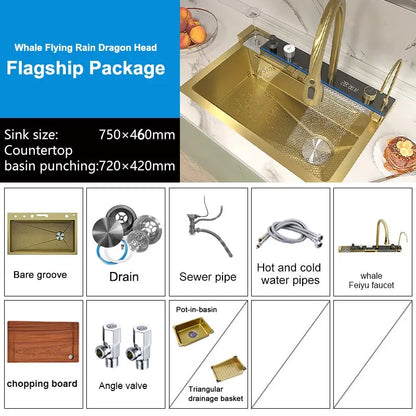 Multifunctional Stainless Steel Kitchen Sink Digital Display Faucet Stain Scratch Resistant Large Single Slot Wash Dish Basin