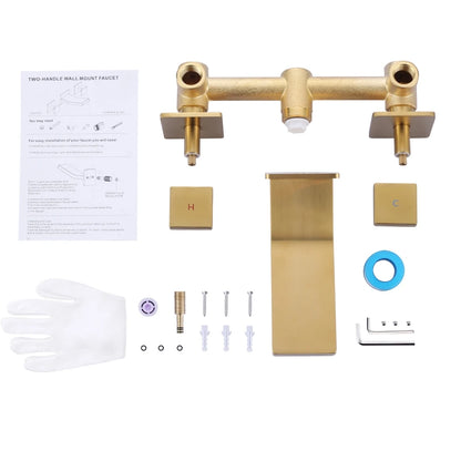 Brushed Gold Vessel Sink Faucet 2 Handles Basin Mixer Tap Rough in Valve Included, 3 Holes Bathroom Faucet Wall Mount