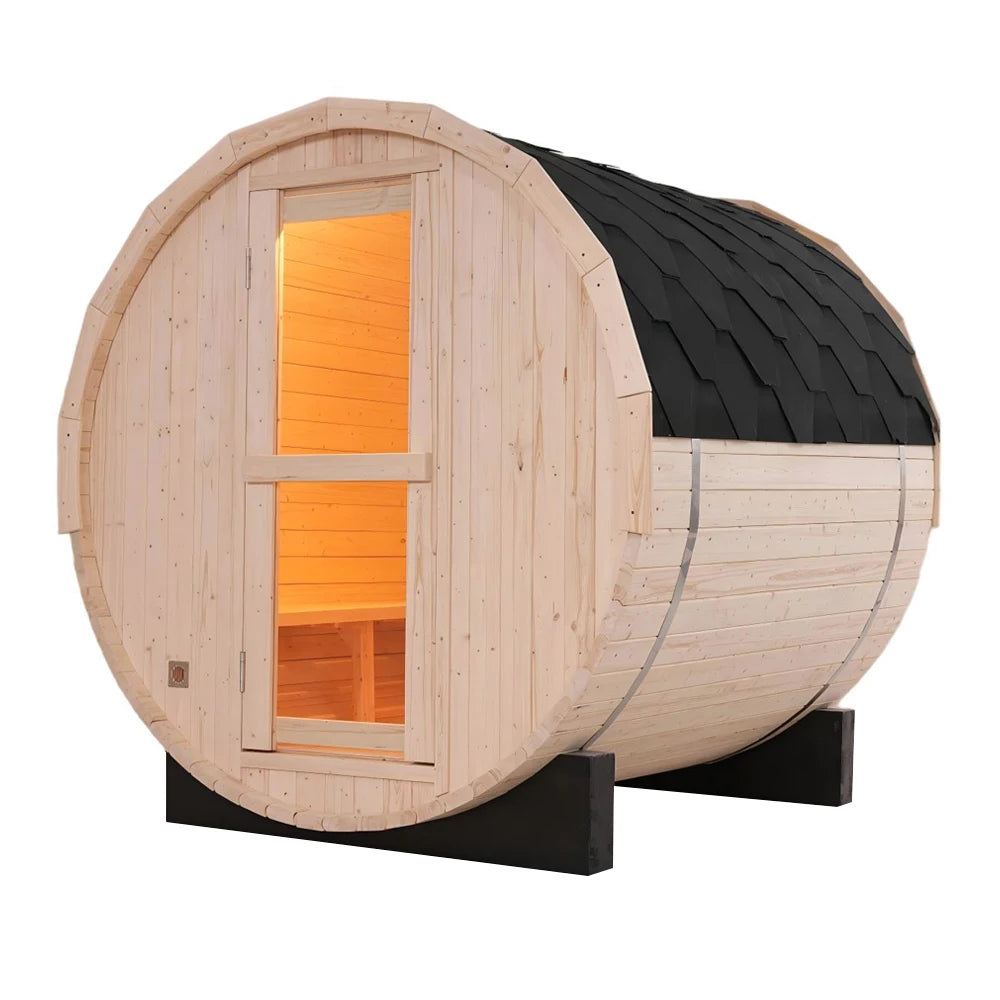 Premium White Pine Outdoor Barrel Sauna Durable Asphalt Shingle Covered Sauna Cabin for Outdoor Relaxation