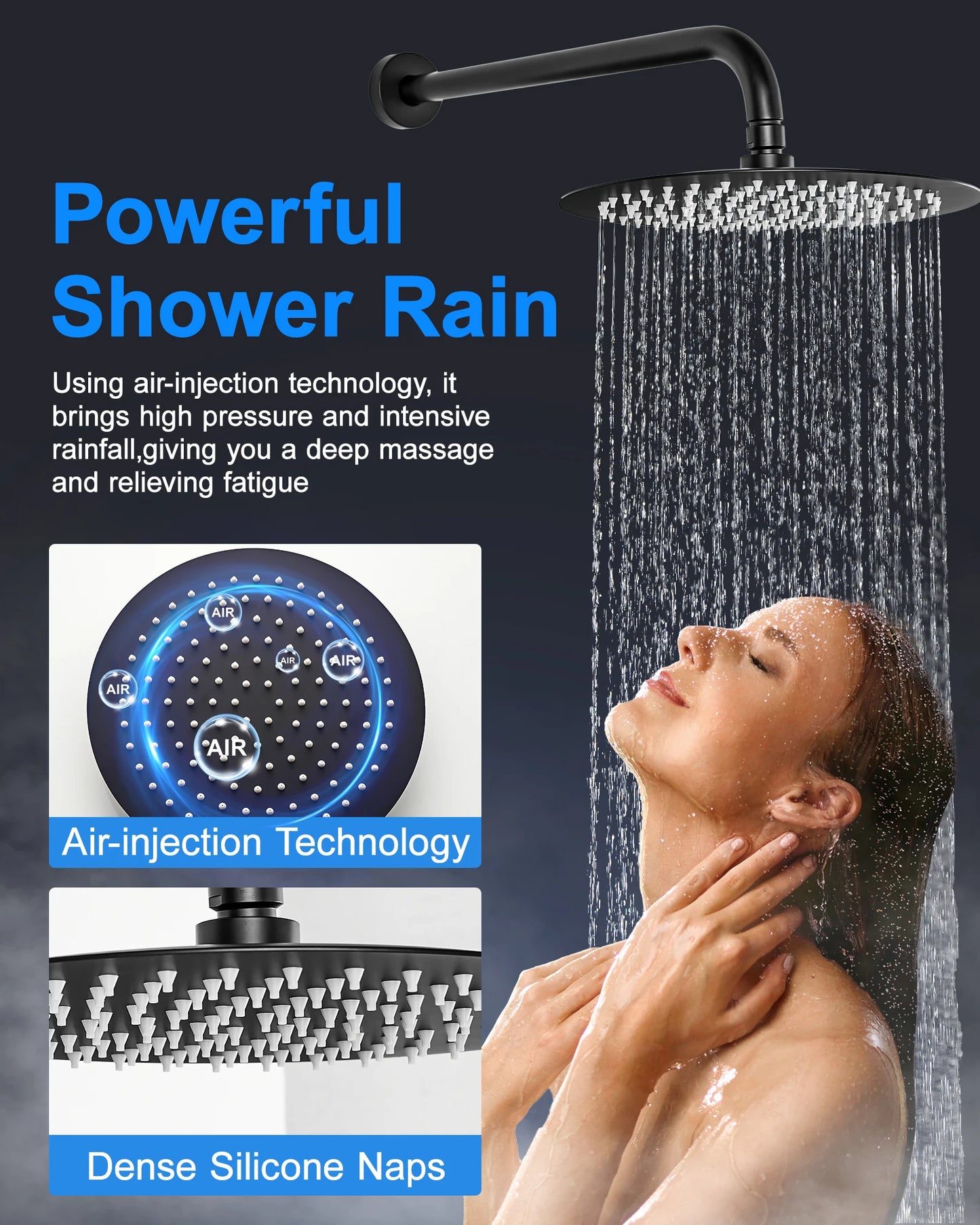 FLG Matte Black Bathroom Stainless Steel Shower Hot and Cold  in High Pressure Rainfall Wall Mount Concealed Shower Set