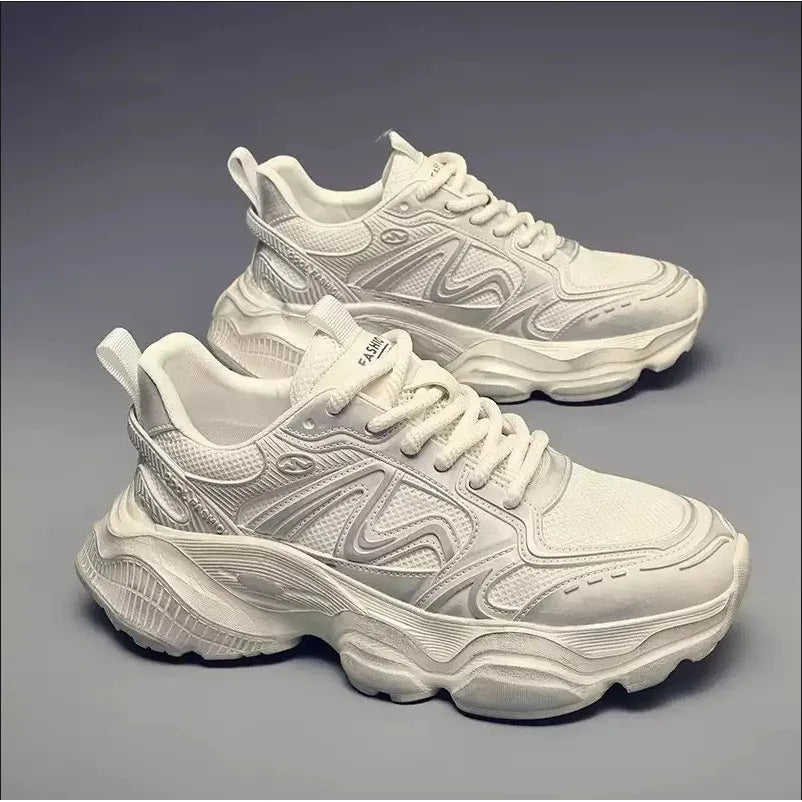 Empire Chunky Shoes Men Retro Solid Color Toe Lace-Up Mesh Lining Rubber Outsole Height Increasing Casual Sneakers Embossed Shoe