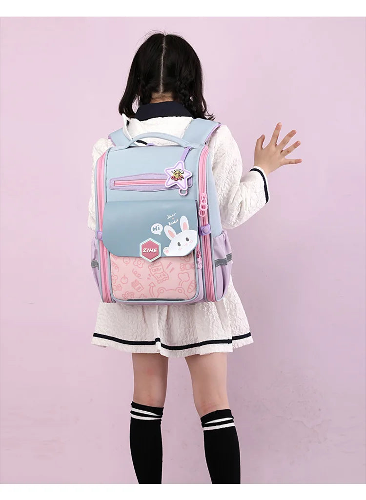 Ultra-Light Female Student Backpack Waterproof Fashion 1-4-6 Grade Contrast Color Ridge Protection Burden Reduction for Primary