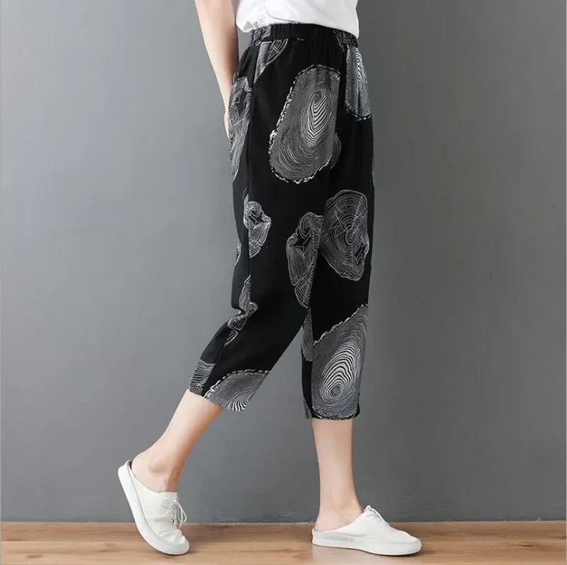 Plus Size Casual Linen Pants 2023 Women's Trousers Vintage Polka Dot Pantalon Female Elastic Waist Printed Turnip Harem Pants