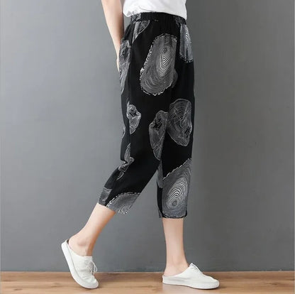 Plus Size Casual Linen Pants 2023 Women's Trousers Vintage Polka Dot Pantalon Female Elastic Waist Printed Turnip Harem Pants