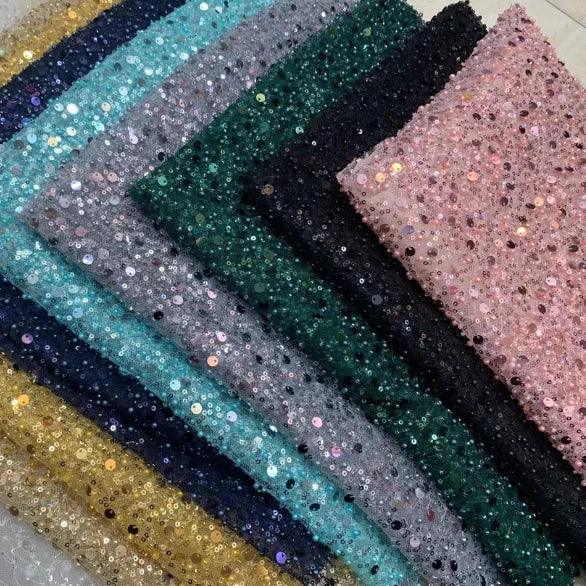 Width 130 cm Polyester Sparkly Sequins Embroidery Beads Mesh Fabric Heavy Tulle Lace Fabric for Wedding Dress Curtain