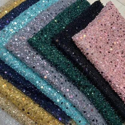 Width 130 cm Polyester Sparkly Sequins Embroidery Beads Mesh Fabric Heavy Tulle Lace Fabric for Wedding Dress Curtain
