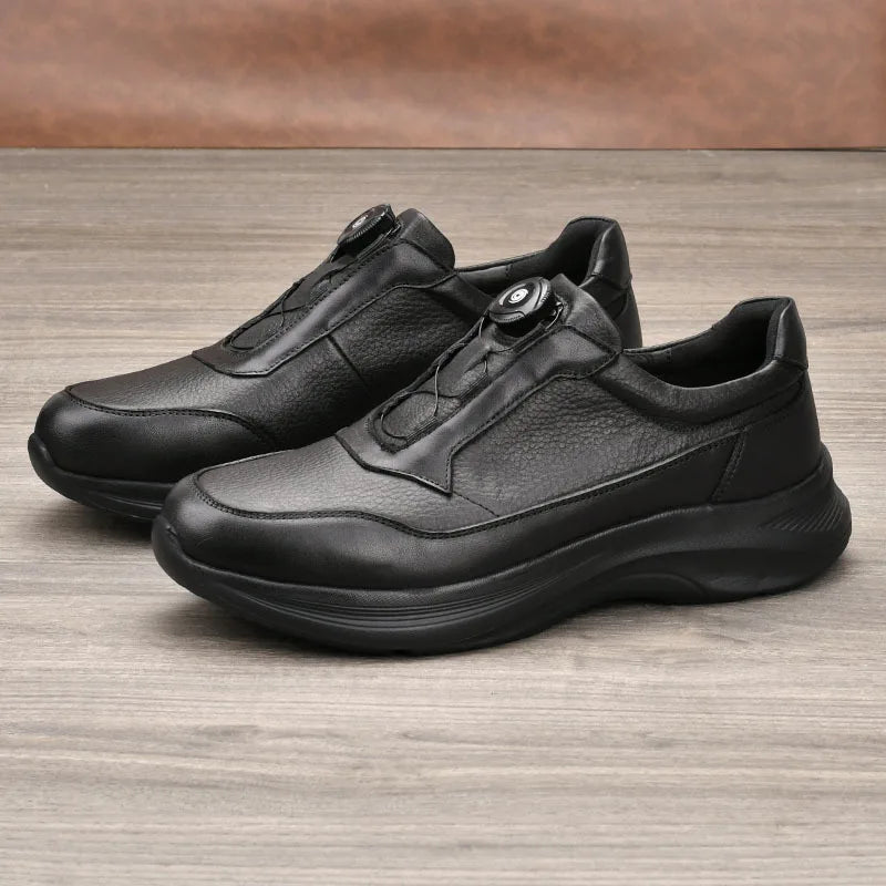 Men's Genuine Cow Leather Round Toe Walking Shoes With Buckle Anti Slippery Low Heel Rubber Outsole Solid Color Casual