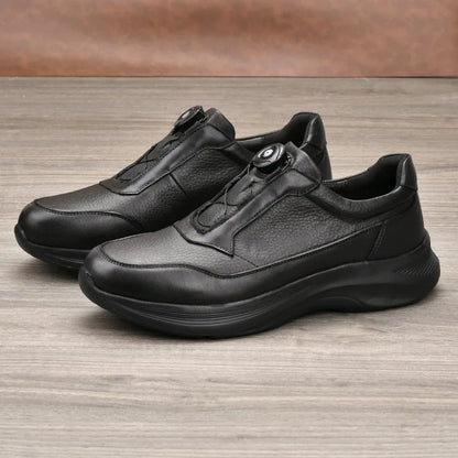 Men's Genuine Cow Leather Round Toe Walking Shoes With Buckle Anti Slippery Low Heel Rubber Outsole Solid Color Casual