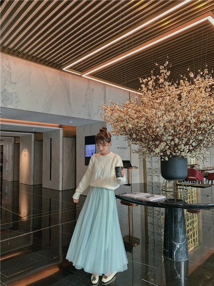 TingYiLi Elegant Tulle Skirt Autumn Winter Big Swing Women Skirt Korean Cute Pink Green Gray Blue Brown Black Long Skirt Tutu