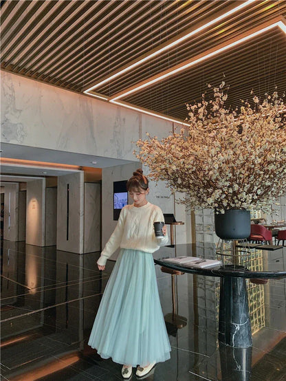 TingYiLi Elegant Tulle Skirt Autumn Winter Big Swing Women Skirt Korean Cute Pink Green Gray Blue Brown Black Long Skirt Tutu
