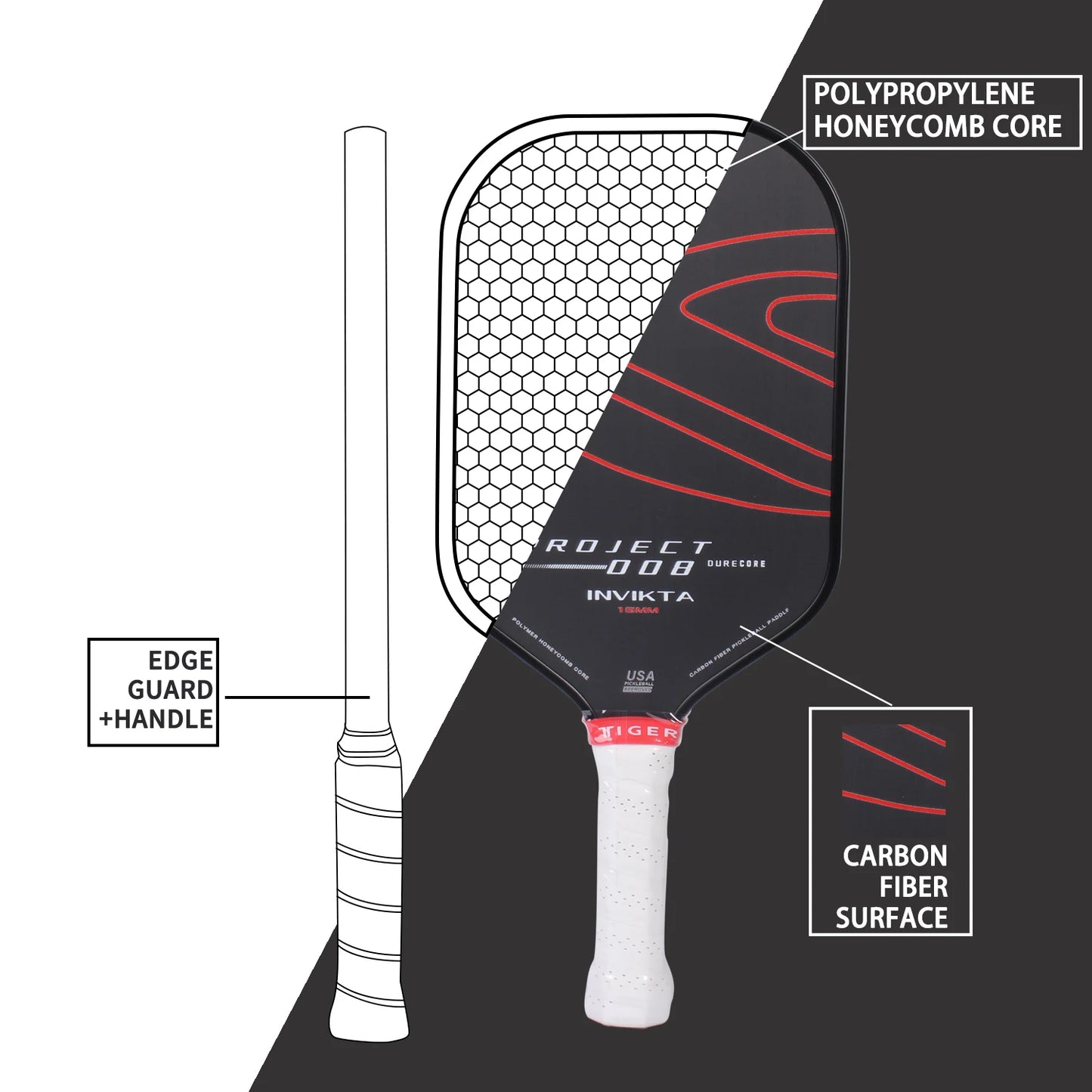 Pickleball Racket Carbon Fiber Surface Polypropylene Honeycomb Core USAPA Approved Portable Outdoor