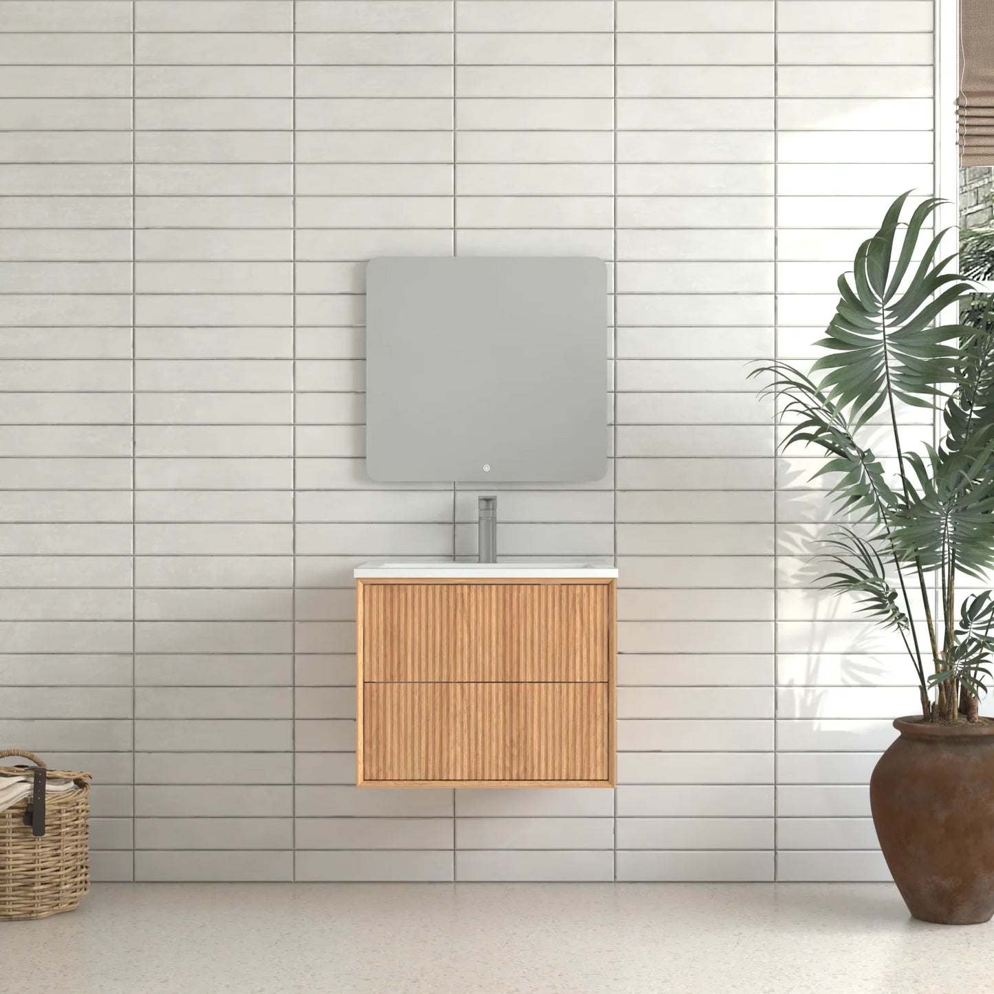 24" Floating Bathroom Vanity Set Wall Mounted Solid Wood Cabinet 2 Push Open Drawers SMC Resin Integrated Basin US Stock