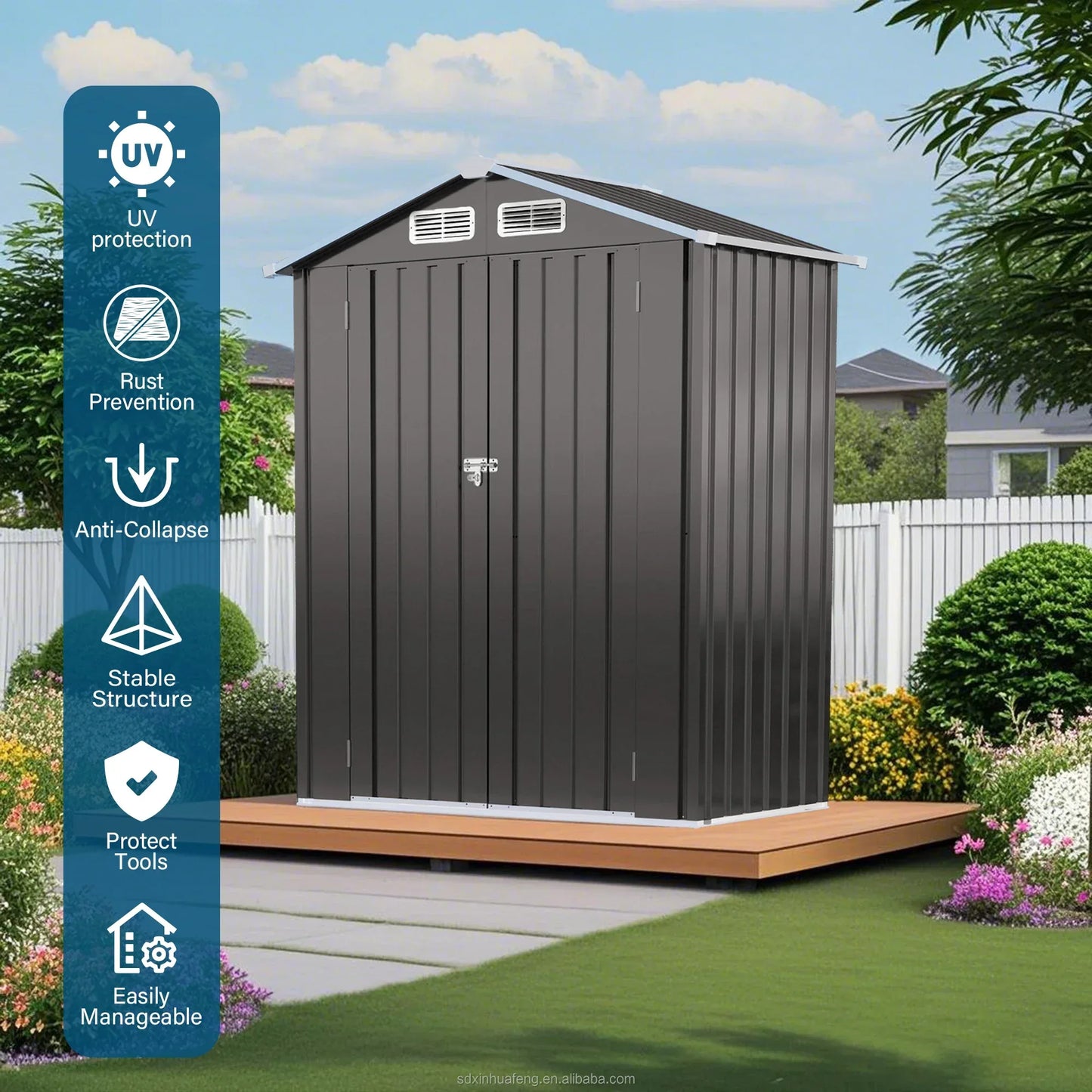 Free Shipping in Stock 5 * 3f T Metal Outdoor Storage Shed with Waterproof and Lockable Compact Tool Shed